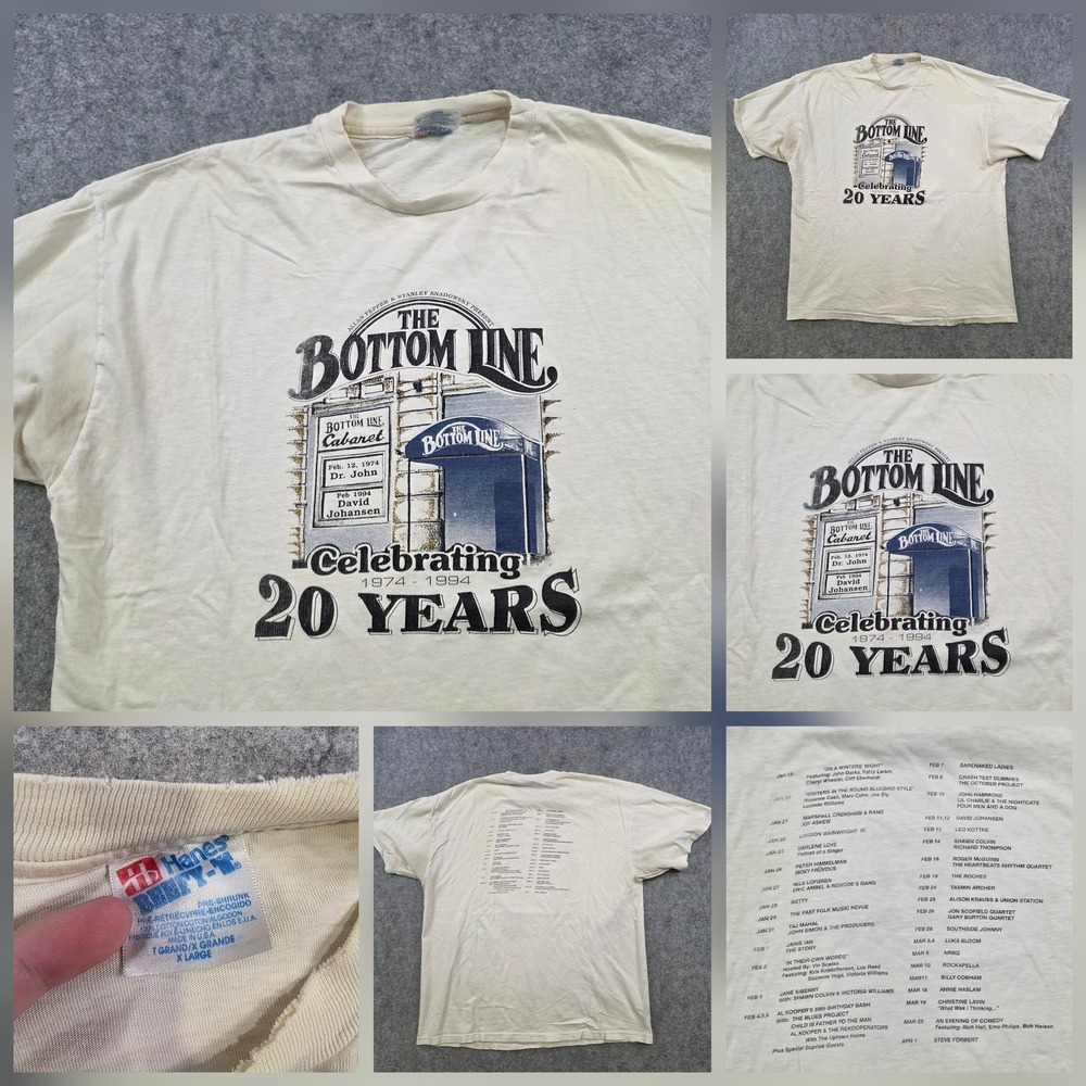 Vintage Bottom Line New York 20 Years T Shirt Mens Large White Music Tee